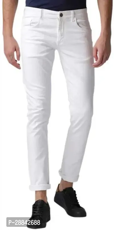 Stylish White Cotton Blend Solid Slim Fit Mid-Rise Jeans For Men