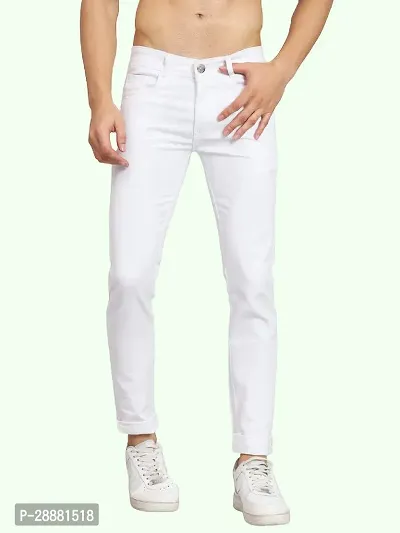 Stylish White Cotton Blend Solid Mid-Rise Jeans For Men