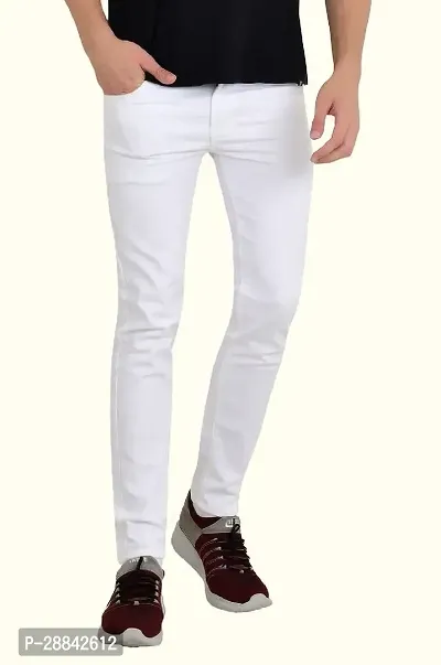 Stylish White Cotton Blend Solid Slim Fit Mid-Rise Jeans For Men-thumb0