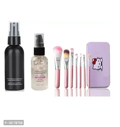 Professional Makeup Combo Of Matte Fixer Spray With Illumating Primer Bottle With 7pcs Hello Kitty Makeup Brush Set (Pack of 3)