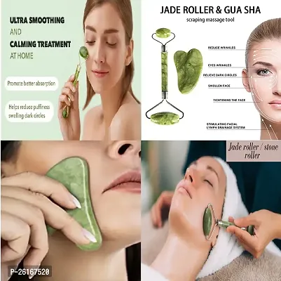 Jade Roller With Gau Sha Stone 100% Natural Stone , 3D Massager, Ice Roller Face Massager, Face Cleansing Brush Soft Silicone Face Wash Brush(Pack OF -4)-thumb2