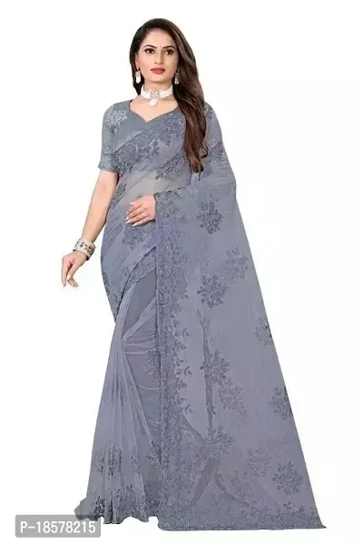 Stylish Grey Net Saree with Blouse piece For Women