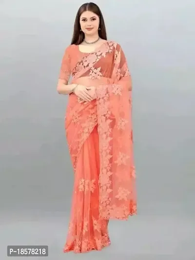 Stylish Peach Net Saree with Blouse piece For Women-thumb0
