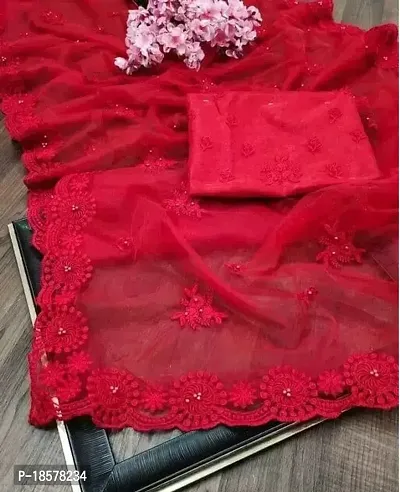 Stylish Red Net Saree with Blouse piece For Women