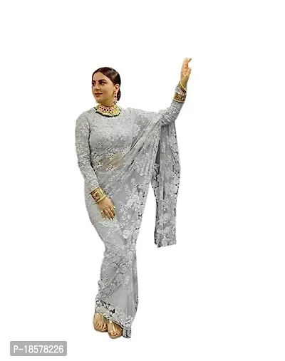 Stylish Grey Net Saree with Blouse piece For Women-thumb0
