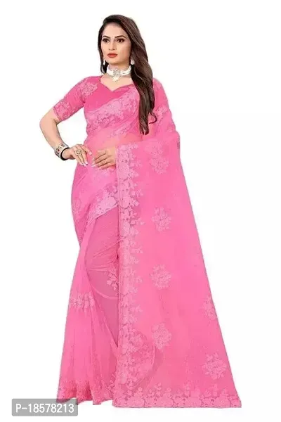 Stylish Pink Net Saree with Blouse piece For Women-thumb0
