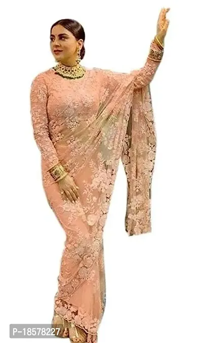 Stylish Peach Net Saree with Blouse piece For Women-thumb0
