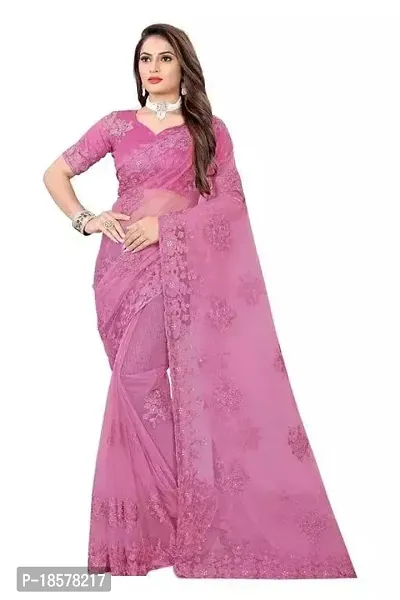 Stylish Purple Net Saree with Blouse piece For Women-thumb0