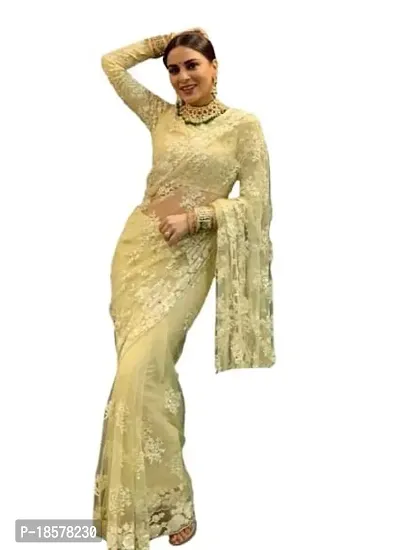 Stylish Beige Net Saree with Blouse piece For Women
