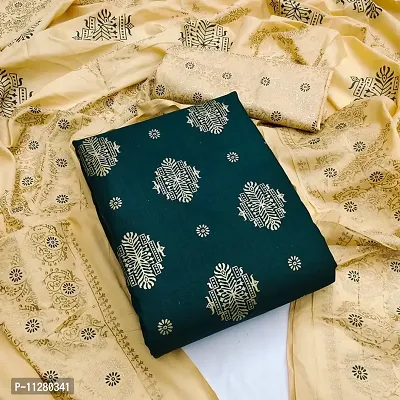 Elegant Green Cotton Blend Self Design Dress Material with Dupatta For Women