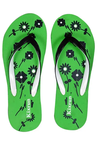 KIXRUN Women's Green Flower Printed No of 1 Stylish  Comforatable Flip Flops