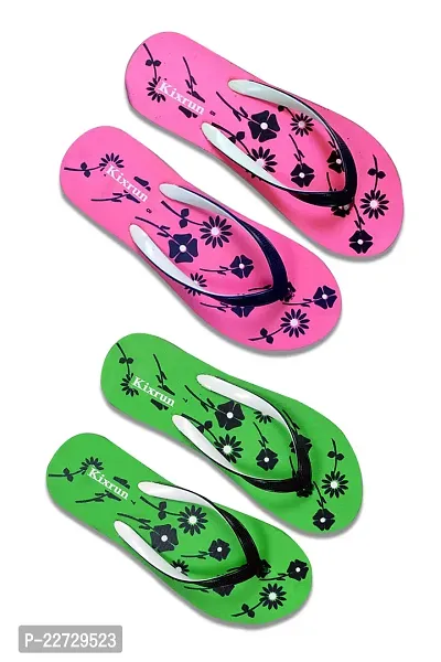 Comfortable Pink And Green PU Floral Printed Slipper For Women- Pack Of 2-thumb0