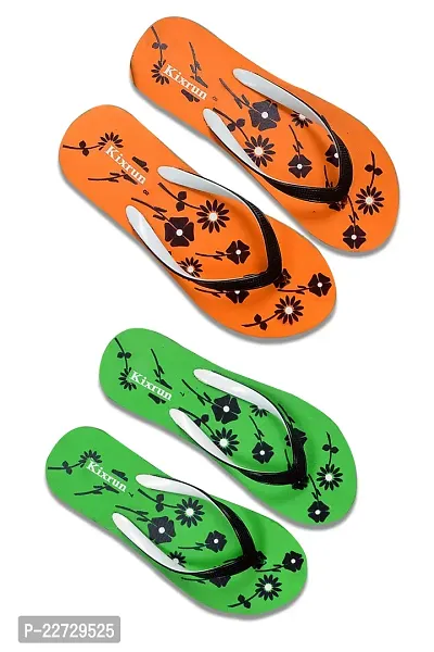 Comfortable Orange And Green PU Floral Printed Slipper For Women- Pack Of 2