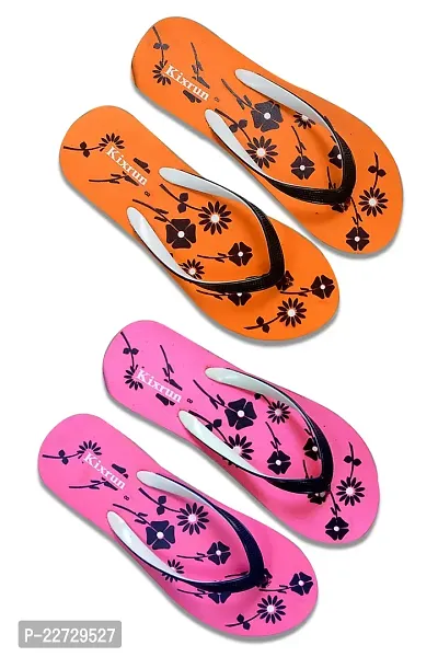 Comfortable Orange And Pink PU Floral Printed Slipper For Women- Pack Of 2