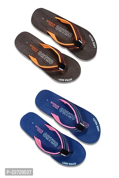Comfortable Orange And Blue PU Printed Slipper For Women- Pack Of 2