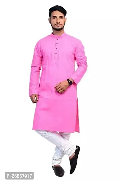 Reliable Pink Cotton Solid Calf Length Kurta For Men-thumb0