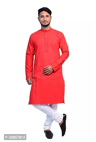 Reliable Red Cotton Solid Calf Length Kurta For Men