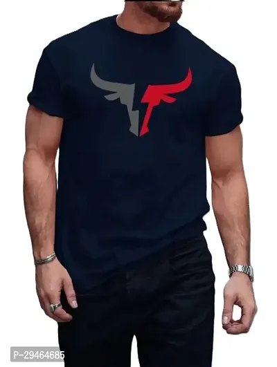 Stylish Navy Blue Polyester Blend Printed Short Sleeves Round Neck Tees For Men-thumb0