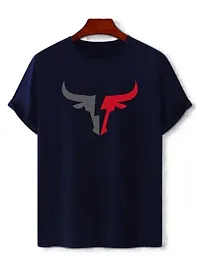 Stylish Navy Blue Polyester Blend Printed Short Sleeves Round Neck Tees For Men-thumb1