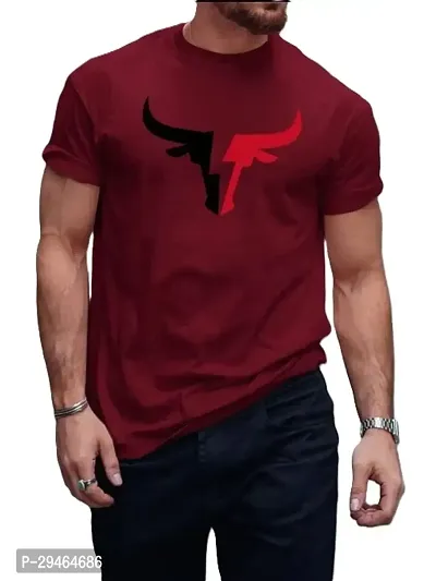 Stylish Maroon Polyester Blend Printed Short Sleeves Round Neck Tees For Men