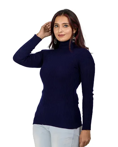 Urban Street Navy Blue High Neck Solid Pullover Sweater