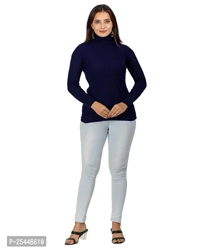 Urban Street Navy Blue High Neck Solid Pullover Sweater-thumb2