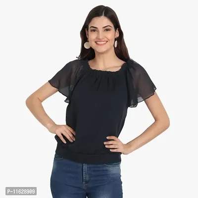 MuffleRuffle Twin Neck Flutter Sleeve Navy Top for Women-thumb0