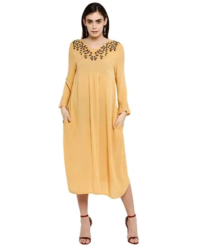 EMBROIDERED NECK OCHRE MAXI DRESS