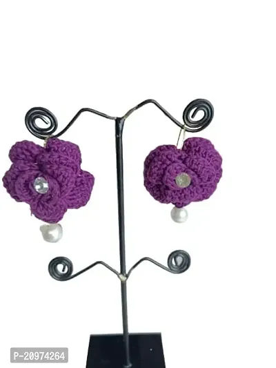 Zufa Creation Handicraft Crochet Worked Cotton Fabric Earrings for Women (Purple)-thumb0