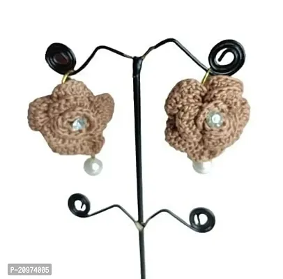 Zufa Creation Handicraft Crochet Worked Cotton Fabric Earrings for Women (Light Brown)-thumb0