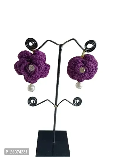 Zufa Creation Handicraft Crochet Worked Cotton Fabric Earrings for Women (Dark Purple)-thumb0