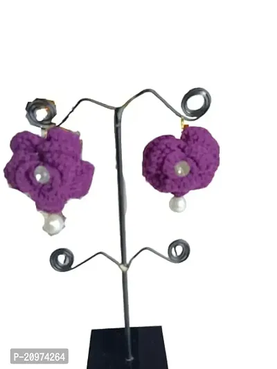 Zufa Creation Handicraft Crochet Worked Cotton Fabric Earrings for Women (Purple)-thumb2