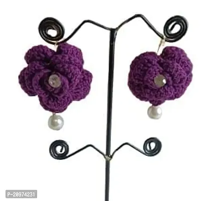 Zufa Creation Handicraft Crochet Worked Cotton Fabric Earrings for Women (Dark Purple)-thumb3