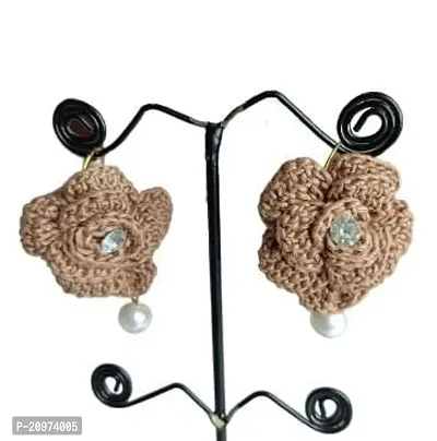 Zufa Creation Handicraft Crochet Worked Cotton Fabric Earrings for Women (Light Brown)-thumb3