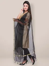 Trendy Cotton Silk Black Checked With Zari Border And Tassel Work Dupatta For Women-thumb2