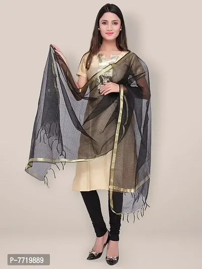 Trendy Cotton Silk Black Checked With Zari Border And Tassel Work Dupatta For Women-thumb0