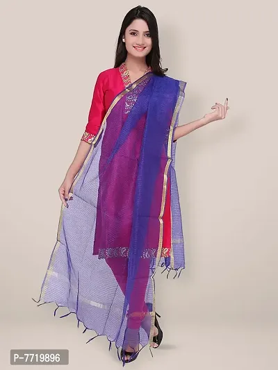 Trendy Cotton Silk Navy Blue Checked With Zari Border And Tassel Work Dupatta For Women