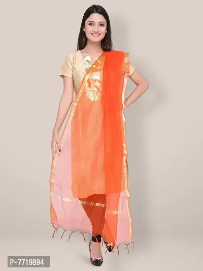 Trendy Cotton Silk Orange Checked With Zari Border And Tassel Work Dupatta For Women