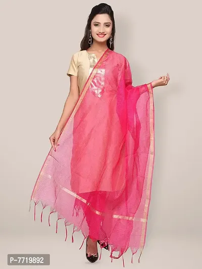 Trendy Cotton Silk Pink Checked With Zari Border And Tassel Work Dupatta For Women