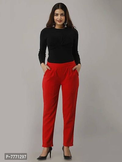 Elegant Red Winter Wear Woolen Trouser Pants For Women-thumb0