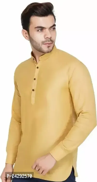 Reliable Yellow Cotton Blend Solid Kurtas For Men-thumb0