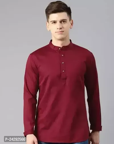 Reliable Maroon Cotton Blend Solid Kurtas For Men-thumb0