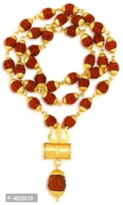Shiv Rudraksha Studded Chain With Trishul Om Beads Gold-plated Plated Brass Chain
