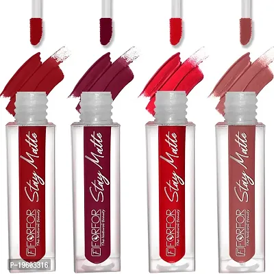 FORFOR? Stay Matte Long Lasting Mini Liquid Lipstick Waterproof Combo of 4 (Peach Nude, Peppy Red, Candy Red, Bridal Maroon)-thumb0