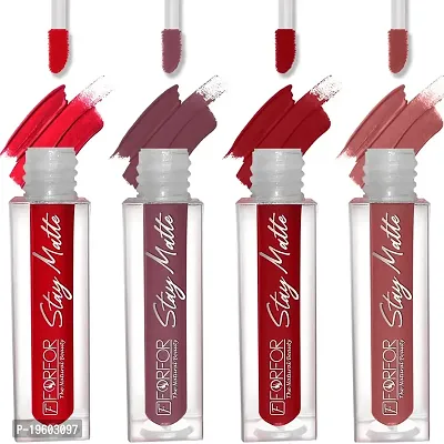 FORFOR? Stay Matte Long Lasting Mini Liquid Lipstick Waterproof Combo of 4 (Mauve, Peach Nude, Peppy Red, Candy Red)