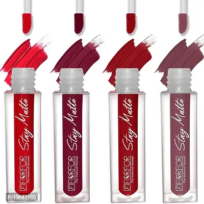 FORFOR? Stay Matte Long Lasting Mini Liquid Lipstick Waterproof Combo of 4 (Candy Red, Bridal Maroon, Peppy Red, Mauve)-thumb0