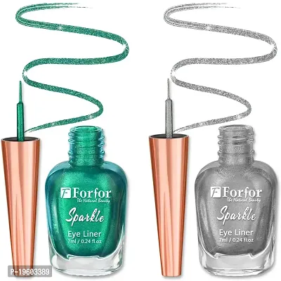 FORFOR Sensational Liquid Glitter Eyeliner Smudge-Proof and Water Proof 7 ml Each (Combo of 2, Green, Silver)