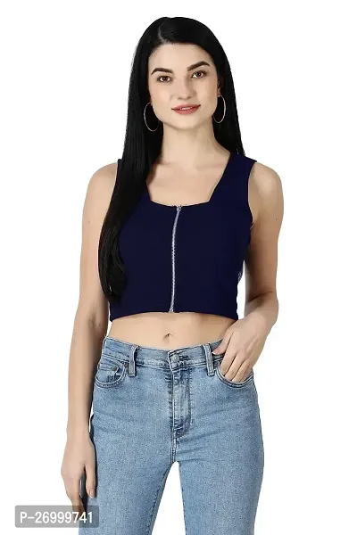 Fancy Navy Blue Polycotton Solid Top For Women