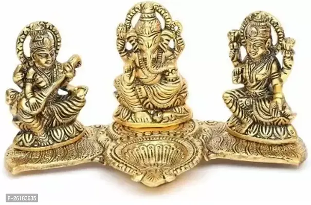 Laxmi Ganesh Saraswati Gold Plated Showpiece Statute with Oil Lamp Diya Deepak Deepam,Metal Statue Sculpture Oil Lamp Diya Lucky Figurine House Warming Gift  Home Decor Congratulatory-thumb0