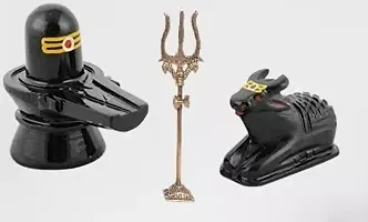 Shivling Nandi with Brass Shiv Trishul for Temple Decorative Showpiece-thumb1